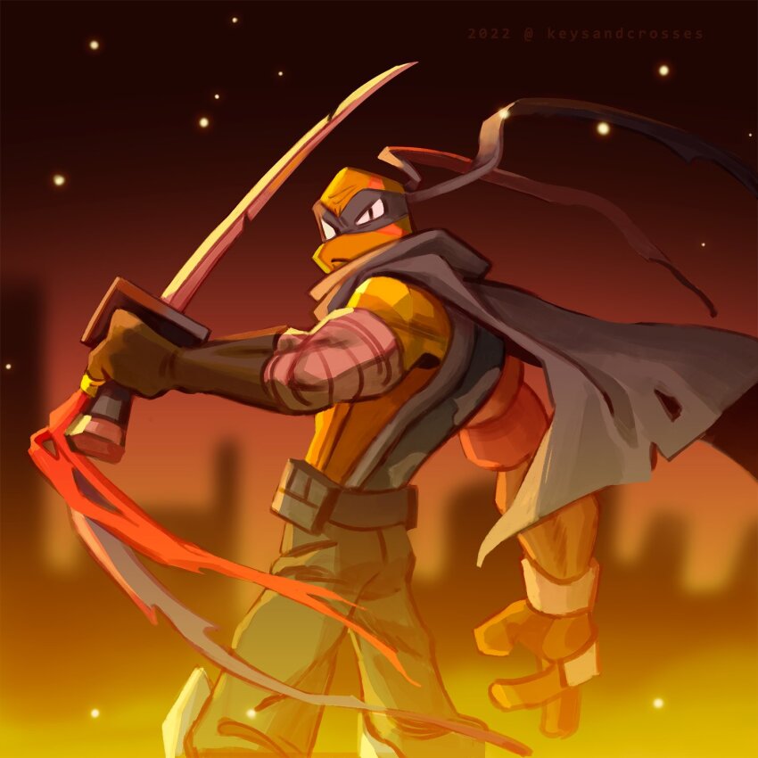 1boy 2022 bandaged_arm bandages belt_pouch blue_mask cape closed_mouth colored_skin commentary cowboy_shot english_commentary eye_mask floating_clothes green_skin highres holding holding_sword holding_weapon keysandcrosses leonardo_(tmnt) looking_at_viewer male_focus night night_sky pouch rise_of_the_teenage_mutant_ninja_turtles sky solo sword teenage_mutant_ninja_turtles twitter_username weapon