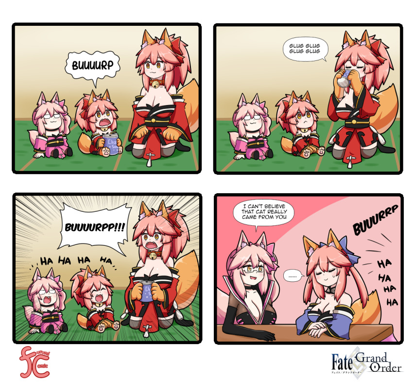4koma 5girls animal_ear_fluff animal_ears animal_hands bare_shoulders bell black_bodysuit black_thighhighs blue_kimono blue_ribbon blush bodysuit bow breasts cat_paws center_opening cleavage closed_eyes closed_mouth collar comic detached_sleeves english_text eyewear_strap fangs fate/grand_order fate_(series) fox_ears fox_girl fox_tail glasses gloves grey-framed_eyewear highres japanese_clothes jingle_bell keita_naruzawa kimono koyanskaya_(fate) large_breasts mini_person minigirl multiple_girls multiple_persona neck_bell open_mouth paw_gloves paw_shoes pink_bow pink_hair pink_kimono pink_ribbon ponytail red_kimono red_ribbon ribbon seiza side_ponytail sitting speech_bubble split_ponytail square_4koma tail tamamo_(fate) tamamo_cat_(fate) tamamo_cat_(first_ascension)_(fate) tamamo_no_mae_(fate) thighhighs yellow_eyes
