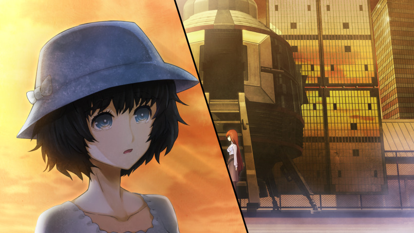 2girls aqua_eyes belt black_hair black_pantyhose blouse blue_dress blue_eyes blue_hat bow breasts brown_skirt collar collarbone collared_shirt crying crying_with_eyes_open dress frilled_collar frills game_cg hat hat_bow high-waist_skirt highres huke impossible_clothes large_breasts long_hair long_sleeves medium_hair multiple_girls non-web_source official_art open_mouth orange_sky pantyhose red_hair ringed_eyes shiina_kagari shiina_mayuri shiny_lips shirt skirt sky steins;gate steins;gate_0 sunset tareme tearing_up tears transparent_background white_shirt yellow_trim