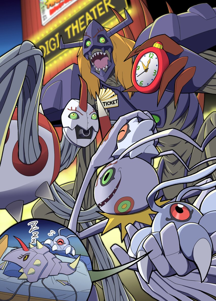 absurdres blurry blurry_background chrysalimon clock diablomon digimon digimon_(creature) digimon_adventure digimon_adventure:_bokura_no_war_game evolutionary_line green_eyes group_picture highres infermon keramon kuramon narome_and_levy open_mouth outdoors sharp_teeth speech_bubble teeth ticket tsumemon