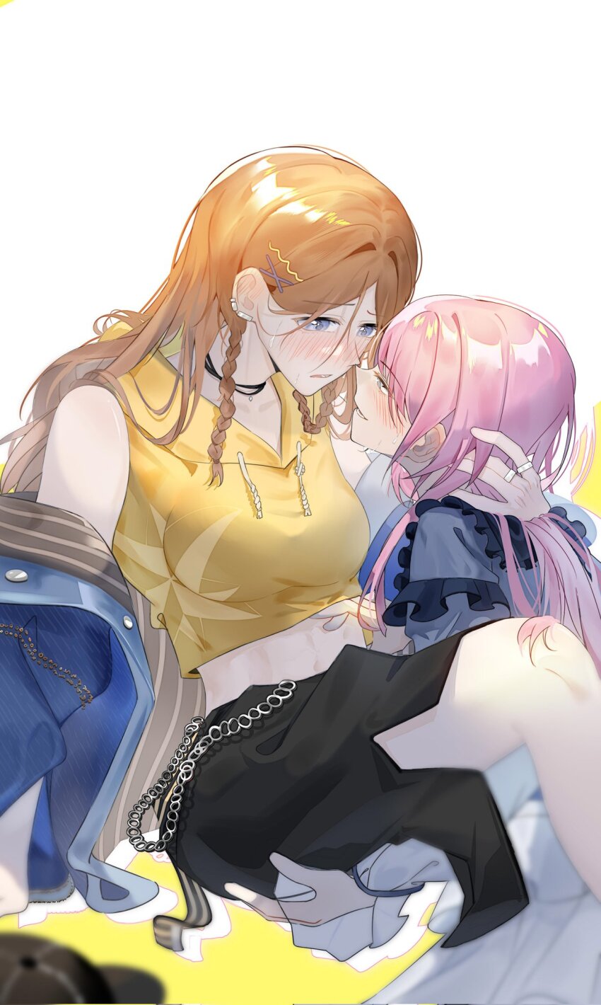 2girls animal_ears bang_dream! bang_dream!_it&#039;s_mygo!!!!! black_skirt blonde_hair blue_eyes blush brown_hair chihaya_anon chinese_commentary commentary_request corrupted_twitter_file earrings eye_contact grey_hair hand_in_another&#039;s_hair highres holding hood hoodie jewelry koaok long_hair long_sleeves looking_at_another midriff multiple_girls multiple_rings nagasaki_soyo off_shoulder official_alternate_costume open_mouth pink_hair ring sidelocks skirt sleeveless sleeveless_hoodie sweat yuri