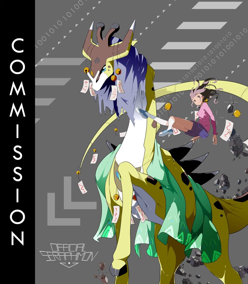 1girl absurdres debris digimon digimon_(creature) giraffe highres looking_at_viewer officialseraphimon oridigi original tail