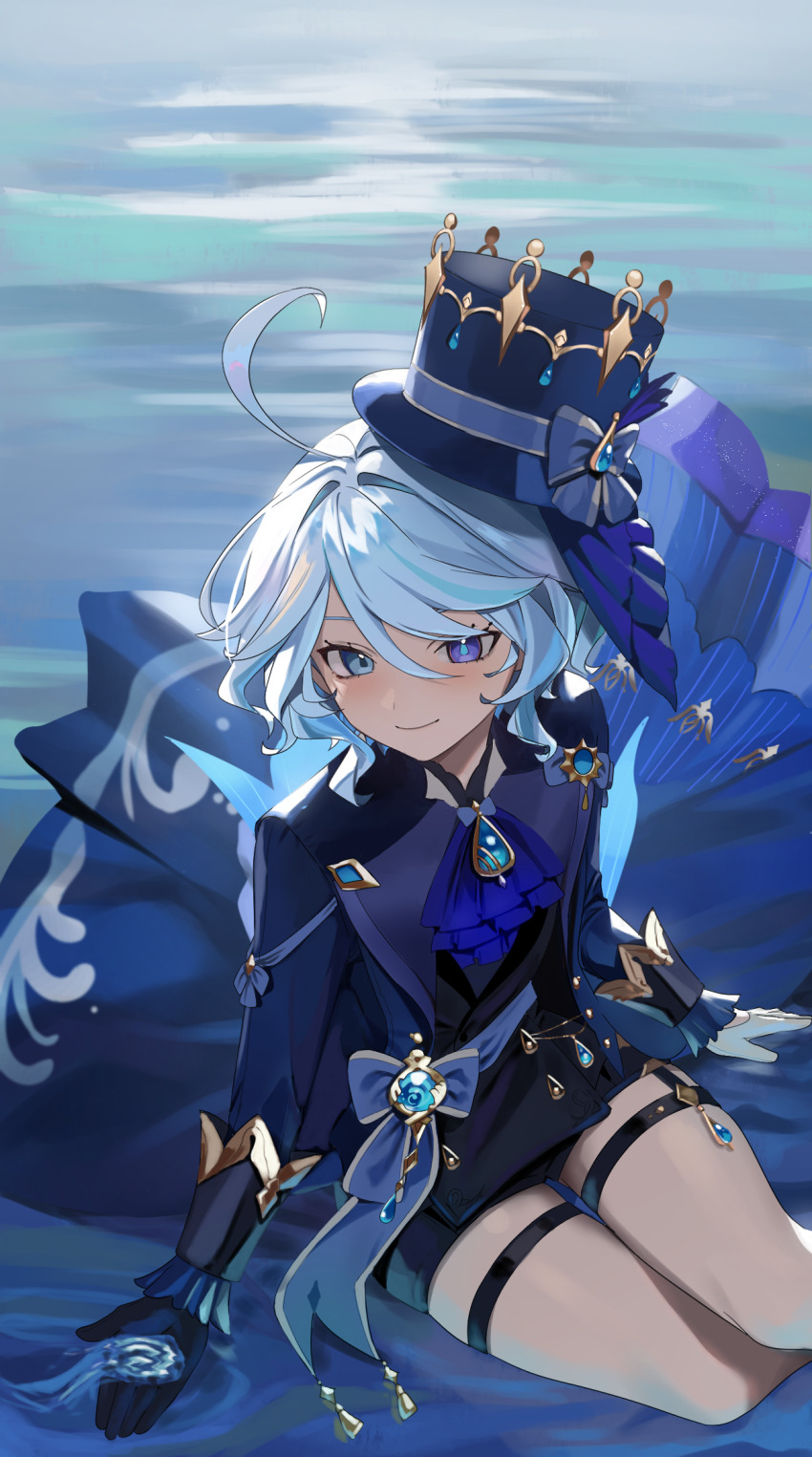 1girl ahoge ascot asymmetrical_gloves black_coat black_gloves black_shorts blue_ascot blue_bow blue_brooch blue_eyes blue_gemstone blue_hair blue_hat blue_jacket blush bow closed_mouth coat commentary drop-shaped_pupils feet_out_of_frame furina_(genshin_impact) furrowed_brow gem genshin_impact gloves hair_between_eyes hair_intakes hat hat_bow heterochromia hievasp highres jacket light_blue_hair long_hair long_sleeves looking_at_viewer mismatched_gloves purple_eyes short_hair shorts sitting smile solo swept_bangs symbol-shaped_pupils thigh_strap top_hat wading waist_bow waist_brooch waist_cape water wavy_hair white_gloves yokozuwari