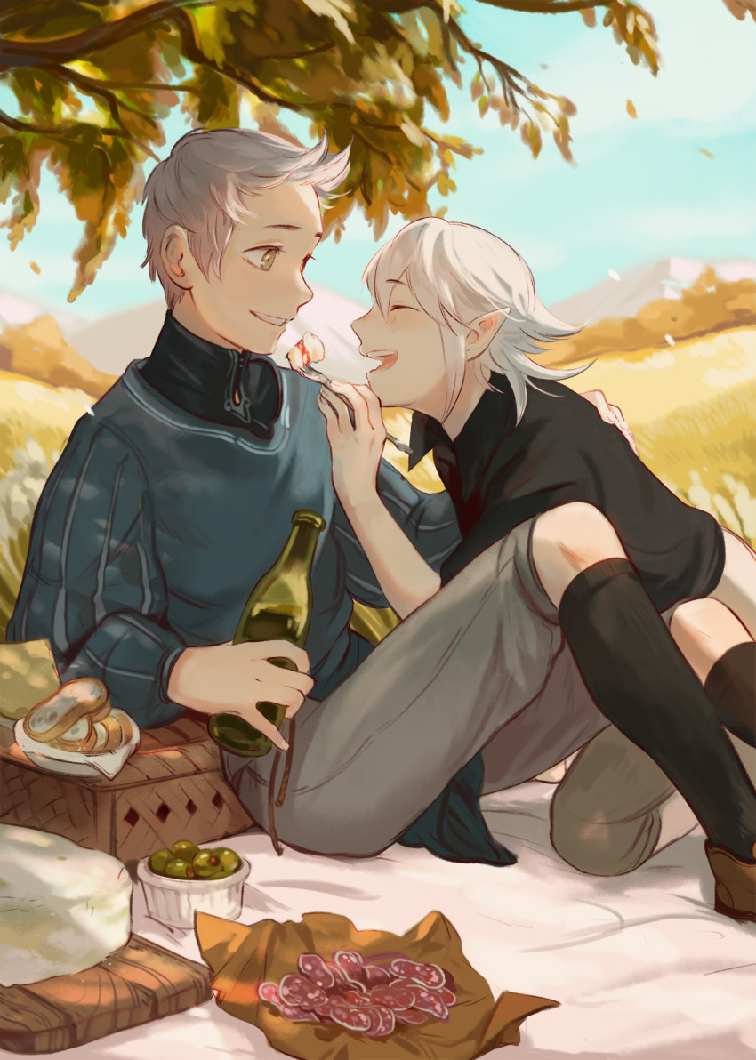 2boys black_shirt black_socks blue_sweater blurry blurry_background blush bread brown_eyes closed_eyes collared_shirt corrin_(fire_emblem) fire_emblem fire_emblem_fates food fork glass_bottle hazel_eyes highres holding holding_fork male_focus mountain multiple_boys nature nintendo non-web_source open_mouth picnic picnic_basket shirt shorts silas_(fire_emblem) sky smile socks sweater tree white_hair