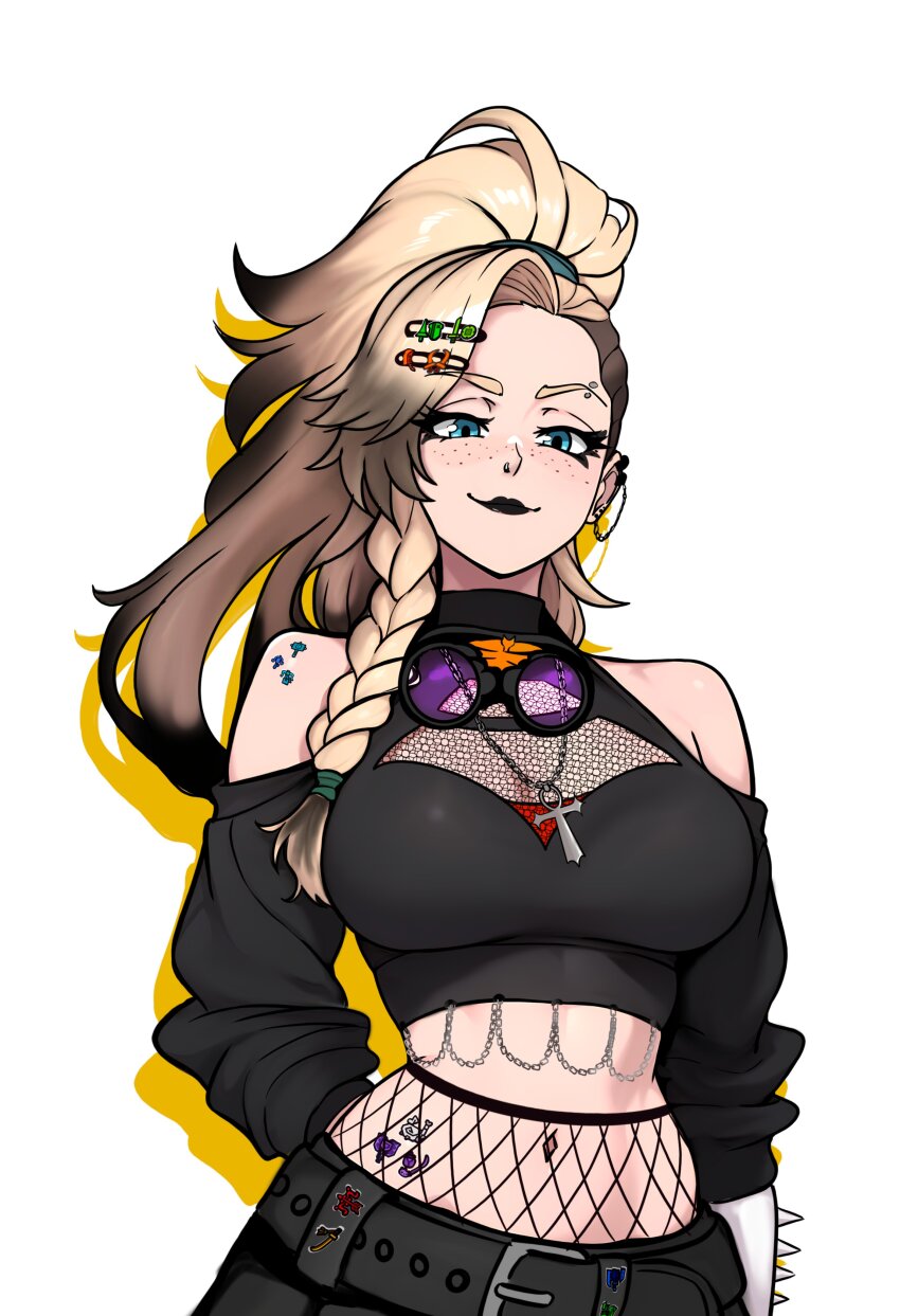 1girl absurdres alternate_costume bare_shoulders belt black_lips blonde_hair blue_eyes braid breasts crop_top cross cross_necklace eyebrow_piercing face_piercing freckles gemma_(monster_hunter_wilds) goggles goth_fashion hair_ornament hairpin highres jewelry large_breasts long_hair looking_at_viewer monster_hunter_(series) monster_hunter_wilds navel necklace nose_piercing pale_skin piercing redpostit side_braid solo unworn_goggles