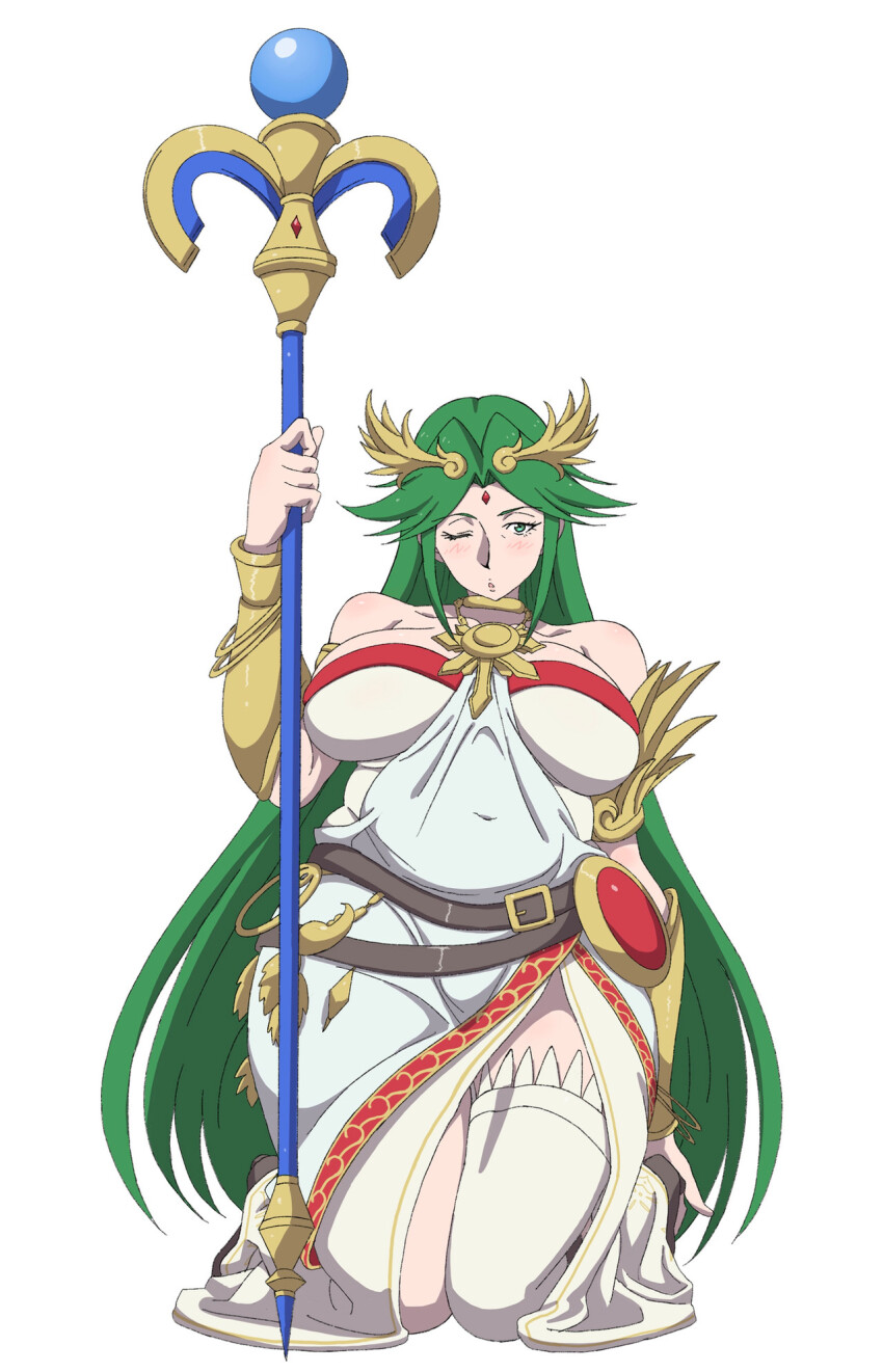 1girl breasts collarbone commentary covered_navel dress english_commentary green_eyes green_hair highres holding holding_staff karaage53ko kid_icarus kid_icarus_uprising kneeling large_breasts long_hair nintendo one_eye_closed palutena plump simple_background single_thighhigh solo staff thighhighs v-shaped_eyebrows vambraces very_long_hair white_background white_dress white_thighhighs