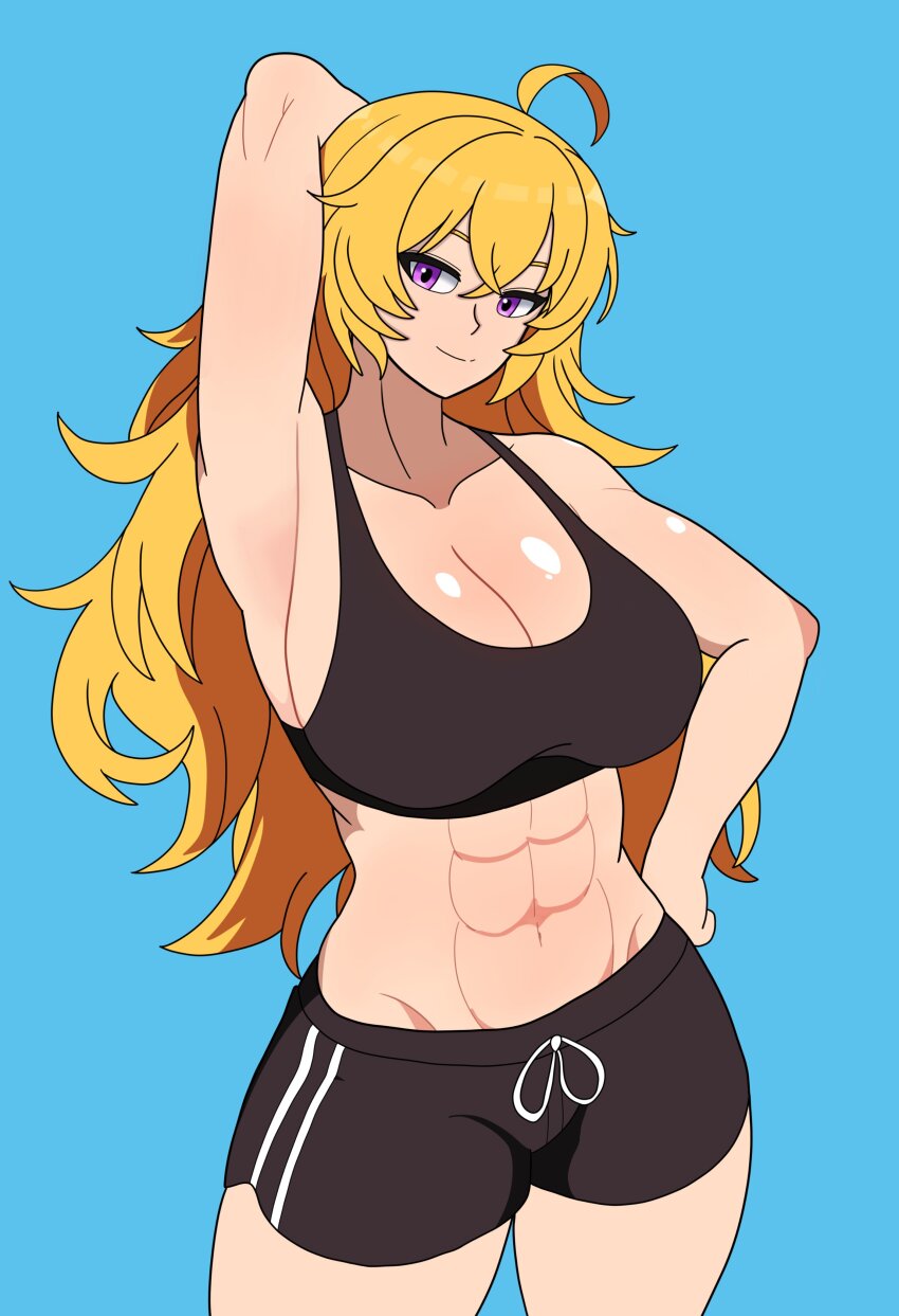 1girl absurdres ahoge arm_behind_head arm_up black_shorts blonde_hair blue_background bojack198 breasts cleavage hand_on_own_hip highres large_breasts long_hair midriff muscular muscular_female navel purple_eyes rwby shorts simple_background smile solo upper_body yang_xiao_long