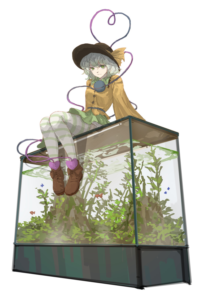 1010kman 1girl absurdres black_hat bow brown_footwear closed_eyes closed_mouth collar fish fish_tank frilled_collar frills green_eyes green_hair green_skirt green_stripes hat hat_ribbon heart heart_of_string highres komeiji_koishi long_sleeves looking_at_viewer ribbon shirt short_hair simple_background sitting skirt solo striped_clothes striped_thighhighs thighhighs third_eye touhou water white_background wide_sleeves yellow_ribbon yellow_shirt