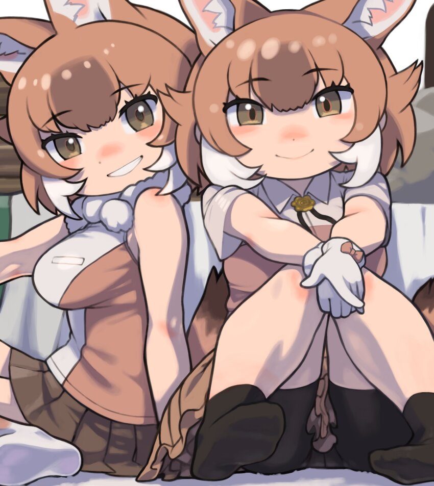 2girls animal_ears bare_shoulders bike_shorts_under_skirt black_socks blush bow bowtie brown_eyes brown_hair brown_shirt brown_skirt brown_thighhighs collared_shirt dhole_(kemono_friends) dog_ears dog_girl dog_tail extra_ears frilled_skirt frills glove_bow gloves hair_between_eyes highres jacket japari_symbol kemono_friends looking_at_viewer multiple_girls multiple_persona no_shoes official_alternate_costume pleated_skirt rinx safari_jacket shirt short_hair short_sleeves sidelocks sitting skirt sleeveless smile socks t-shirt tail thighhighs two-tone_shirt two-tone_thighhighs white_bow white_bowtie white_gloves white_hair white_shirt white_thighhighs zettai_ryouiki