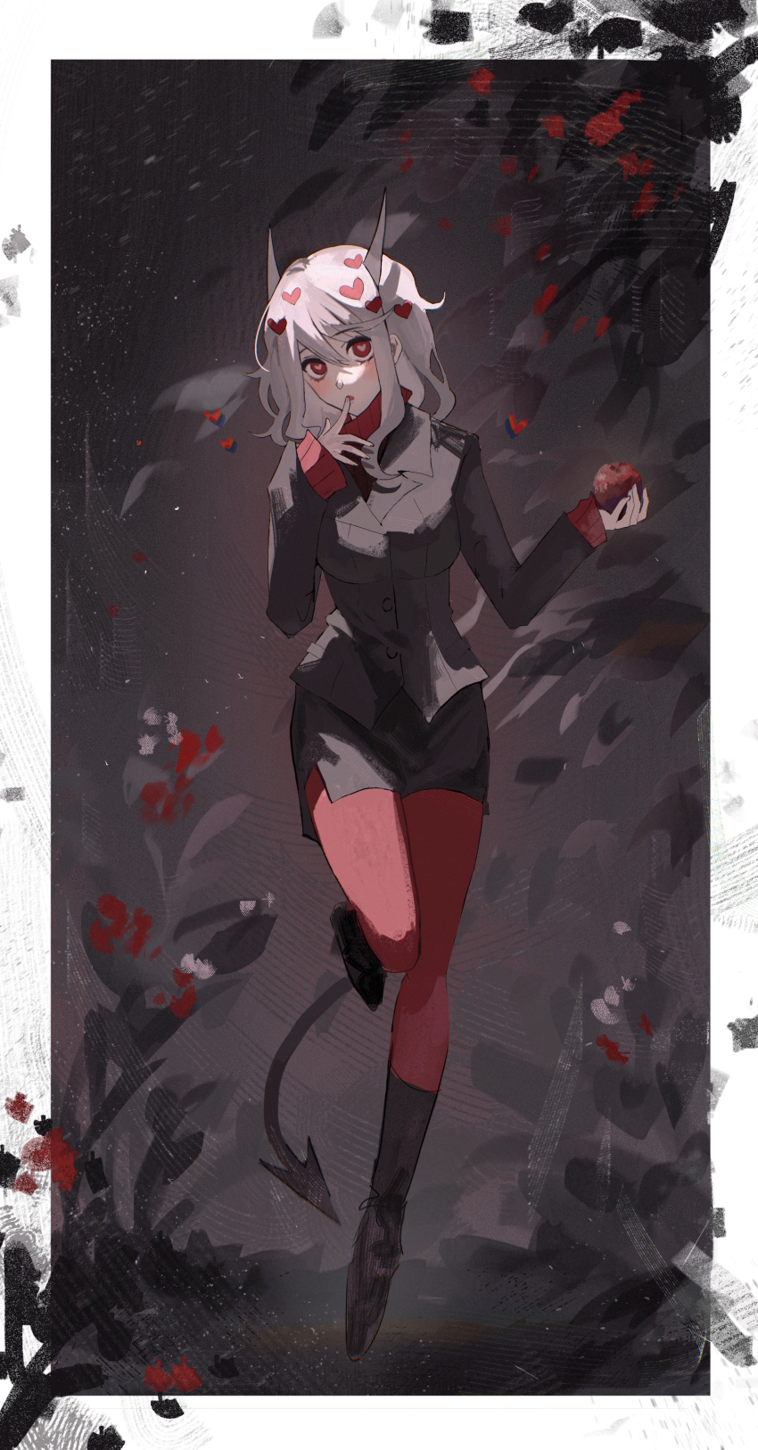 1girl absurdres demon_girl demon_horns formal_clothes helltaker highres horns long_hair looking_at_viewer modeus_(helltaker) pantyhose red_background red_pantyhose solo suit tail uruauro white_hair