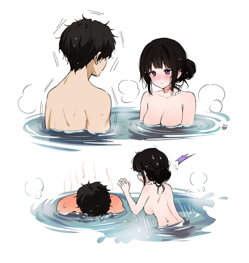 1boy 1girl black_hair blush breasts chitanda_eru cleavage collarbone commentary_request completely_nude head_steam hetero highres hyouka large_breasts looking_at_another mery_(yangmalgage) multiple_views nude onsen oreki_houtarou partially_submerged purple_eyes shoulder_blush simple_background steam sweat turn_pale white_background
