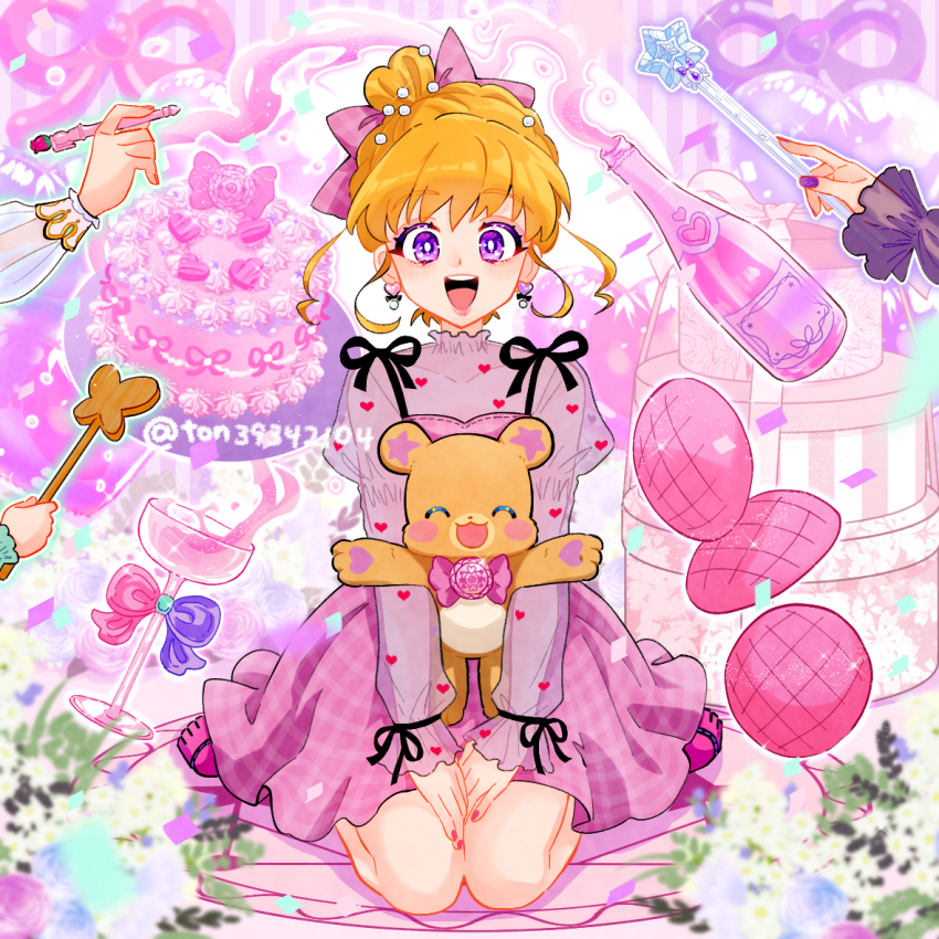 1girl 1other alternate_costume alternate_hairstyle asahina_mirai birthday_cake black_nails black_ribbon blonde_hair bottle bow cake character_request commentary cookie cup dress drinking_glass earrings english_commentary food gift hair_bow hair_bun hair_up hanami_kotoha hisui_(precure) holding holding_pen holding_wand izayoi_liko jewelry long_sleeves looking_at_viewer magic mahou_girls_precure! mahou_girls_precure!!_mirai_days medium_dress mofurun_(mahou_girls_precure!) nail_polish open_mouth out_of_frame pen pink_bow pink_dress pink_shoes precure purple_eyes ribbon see-through_clothes see-through_sleeves shoes short_hair single_hair_bun sitting smile stuffed_animal stuffed_toy teddy_bear teeth ton_(ton39342104) twitter_username upper_teeth_only wand wariza wine_bottle wine_glass
