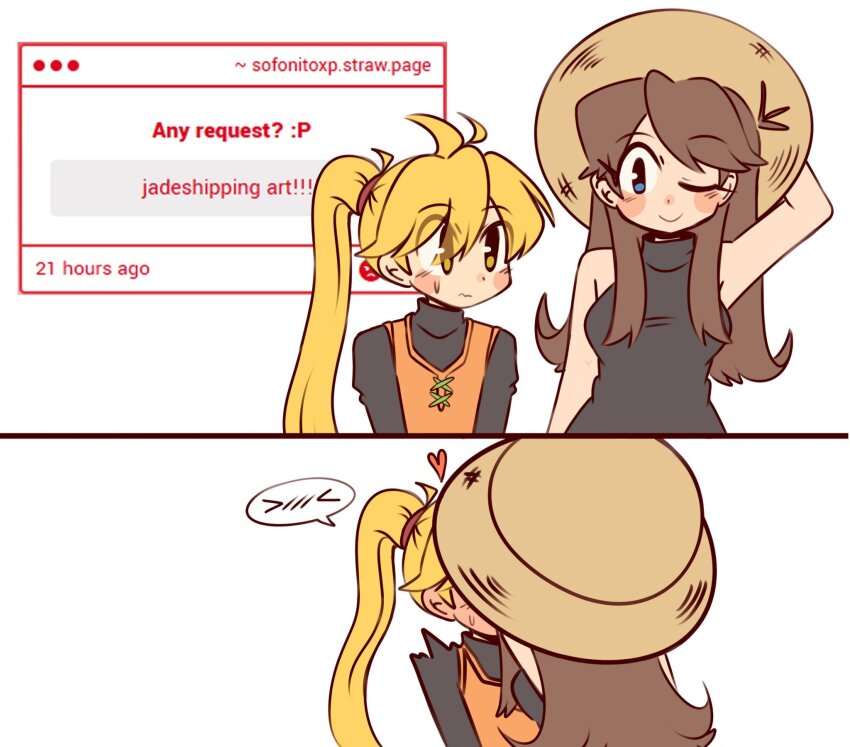 2girls arm_up blonde_hair blue_eyes blush breasts brown_eyes brown_hair closed_mouth creatures_(company) game_freak green_(pokemon) hat heart highres long_hair long_sleeves looking_at_another medium_breasts multiple_girls nintendo pokemon pokemon_adventures ponytail smile sofo_soup spoken_expression sun_hat sweatdrop yellow_(pokemon) yuri
