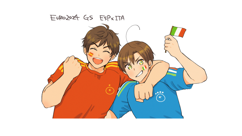 2boys ahoge axis_powers_hetalia blue_shirt brown_hair closed_eyes euro_2024 flag highres holding holding_flag italian_flag male_focus multiple_boys nana_(nana5177) open_mouth red_shirt shirt short_sleeves simple_background smile soccer_uniform southern_italy_(hetalia) spain_(hetalia) spanish_flag sportswear uefa_euros upper_body white_background
