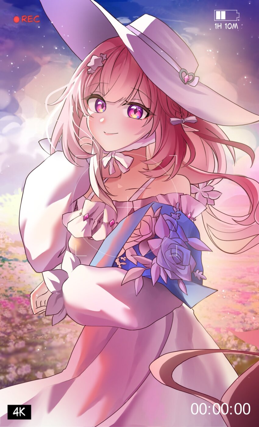 bare_shoulders battery_indicator bouquet byeolbichnyanyang commentary cyrene_(honkai:_star_rail) cyrene_(ripples_of_past_reverie)_(honkai:_star_rail) dress field flower flower_field hat highres holding holding_bouquet honkai:_star_rail honkai_(series) long_hair multicolored_hair official_alternate_costume purple_eyes recording sky smile star_(sky) starry_sky sun_hat sundress symbol-only_commentary two-tone_hair white_dress white_hair white_hat