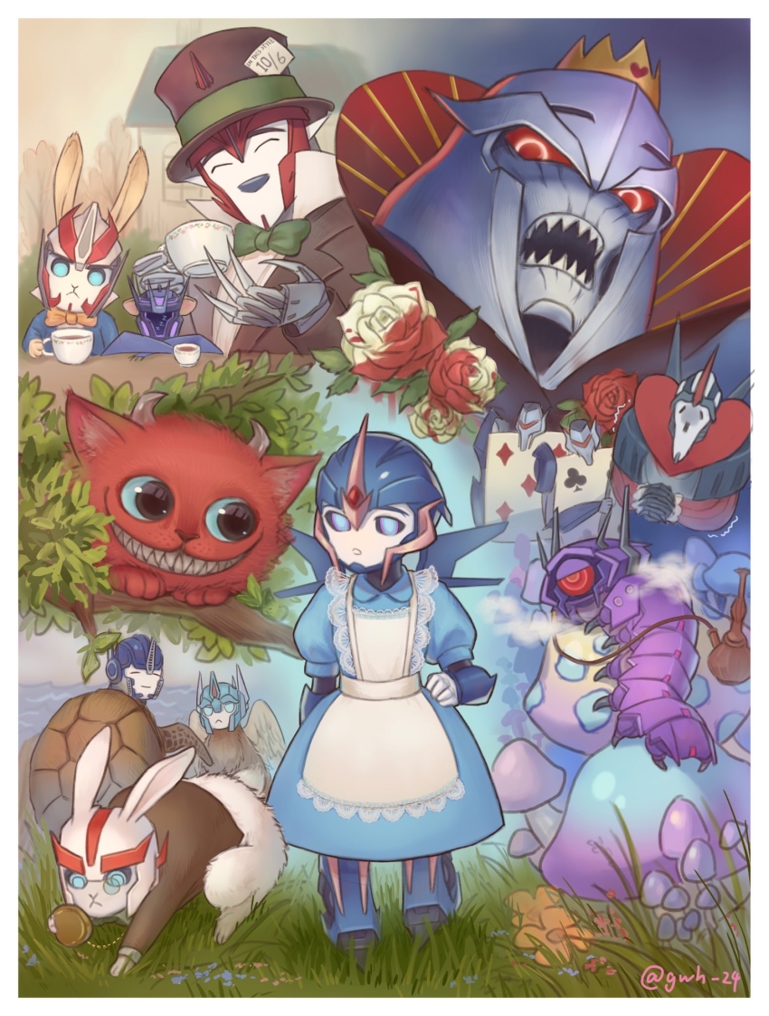 ^_^ alice_(alice_in_wonderland) alice_(alice_in_wonderland)_(cosplay) alice_in_wonderland arcee arcee_(prime) autobot blue_dress blue_eyes caterpillar cheshire_cat_(alice_in_wonderland) cliffjumper closed_eyes cosplay crossover decepticon dress everyone fusion highres horns jijing5658 knockout_(transformers) looking_down mad_hatter_(alice_in_wonderland) mad_hatter_(alice_in_wonderland)_(cosplay) megatron monocle no_humans open_mouth optimus_prime queen_of_hearts_(alice_in_wonderland) queen_of_hearts_(cosplay) rabbit red_eyes shockwave_(transformers) smile soundwave_(transformers) starscream transformers transformers_prime ultra_magnus v-fin vehicon