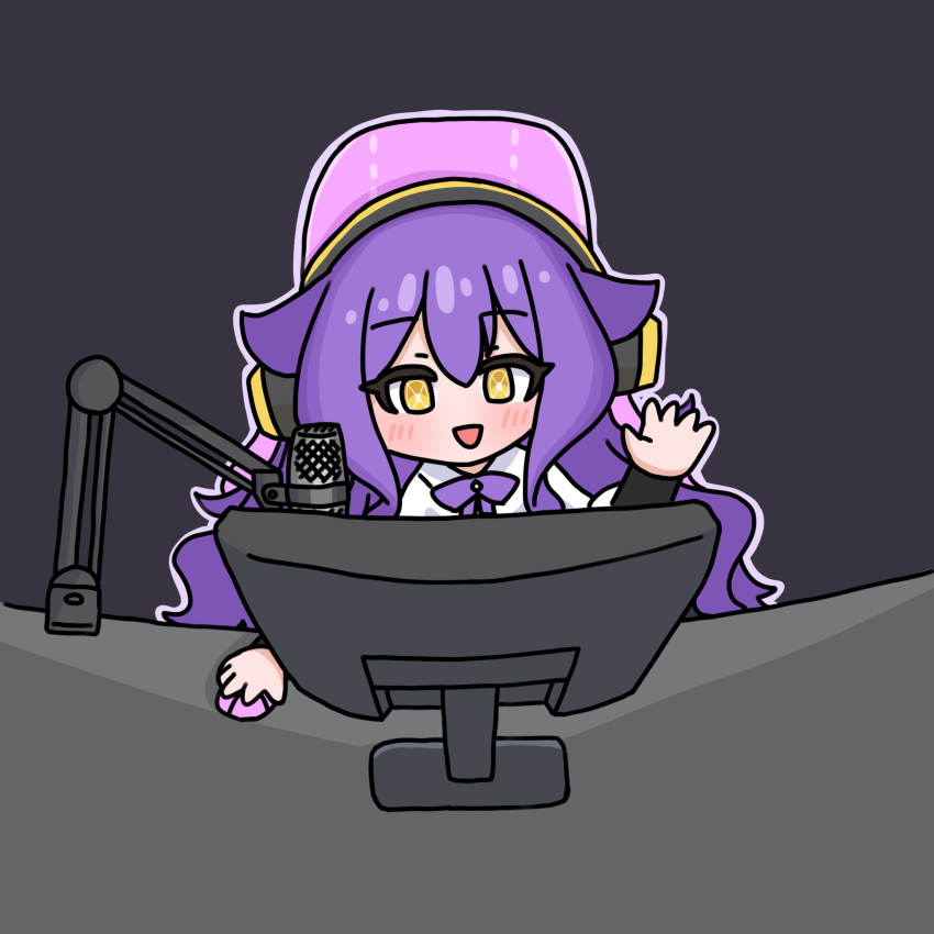 1girl blush bow chair collared_shirt commentary_request grey_background headphones highres honkai_(series) honkai_impact_3rd long_hair long_sleeves microphone mokkyo_(motkyo) monitor office_chair on_chair purple_bow purple_hair shirt simple_background sirin solo swivel_chair upper_body very_long_hair white_shirt yellow_eyes