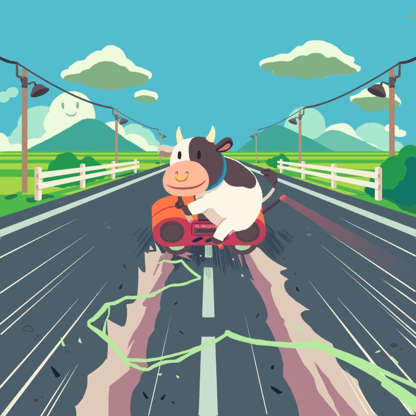 akira_slide bush cloud cow day eto2d fence field highres hill lamppost mario_(series) mario_kart mario_kart_world motor_vehicle motorcycle nintendo nintendo_switch_2 no_humans on_motorcycle outdoors power_lines road smile solo vanishing_point