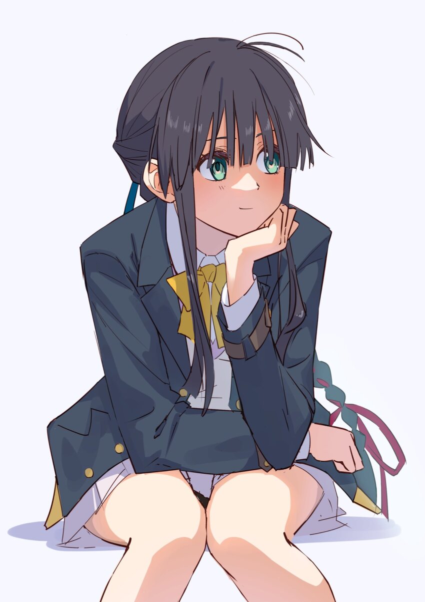 1girl 22/7 antenna_hair black_hair black_jacket bow bowtie braid braided_ponytail closed_mouth collared_shirt feet_out_of_frame furumoto green_eyes green_ribbon hair_ribbon hand_on_own_cheek hand_on_own_face highres jacket light_smile long_hair long_sleeves looking_to_the_side open_clothes open_jacket red_ribbon ribbon shirt sidelocks simple_background sitting skirt solo white_background white_shirt white_skirt yagami_toa yellow_bow yellow_bowtie
