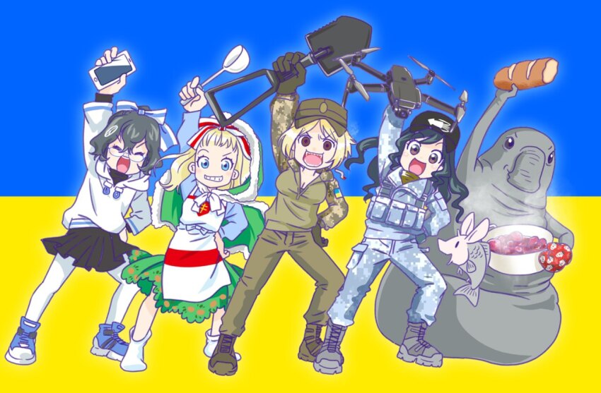 2others 4girls anonymous_(japanese) arm_up azov_battalion belarusian_flag belarusian_flag_print belt black_shirt black_sweater blonde_hair blouse blue_eyes blue_shirt blue_shoes bob_cut boots bow bowl breasts brown_boots brown_eyes brown_pants camouflage capelet cargo_pants cigarette cleavage closed_eyes crop_top digital_camouflage dress drone flag_background fur-trimmed_capelet fur_trim gloves green_capelet green_gloves green_hair green_shirt green_tank_top grin hair_between_eyes hair_ribbon hand_on_own_hip hat holding holding_bowl holding_drone holding_phone holding_shovel homunculus_loxodontus hood hooded_capelet hoodie jacket japanon kraken_(japanon) leaning_to_the_side lera_(sighttobehold) load_bearing_equipment load_bearing_vest long_hair looking_at_viewer marichka medium_breasts military military_combat_uniform military_uniform miniskirt mittens multiple_girls multiple_others open_mouth original outstretched_arm outstretched_arms pants pantyhose paulinka_(japanon) peaked_cap phone pinafore_dress pleated_skirt ribbon russian_anti-war_flag russo-ukrainian_war schweinokaras sharp_teeth shirt shirt_bow shoes short_hair shovel skirt sleeveless sleeveless_dress smile sneakers snow_camouflage socks soldier squid_print swastika_tattoo sweater tank_top tattoo teeth toes tongue turtleneck turtleneck_sweater ukraine ukrainian_flag unzipped upper_teeth_only white_hoodie white_pantyhose winter_clothes