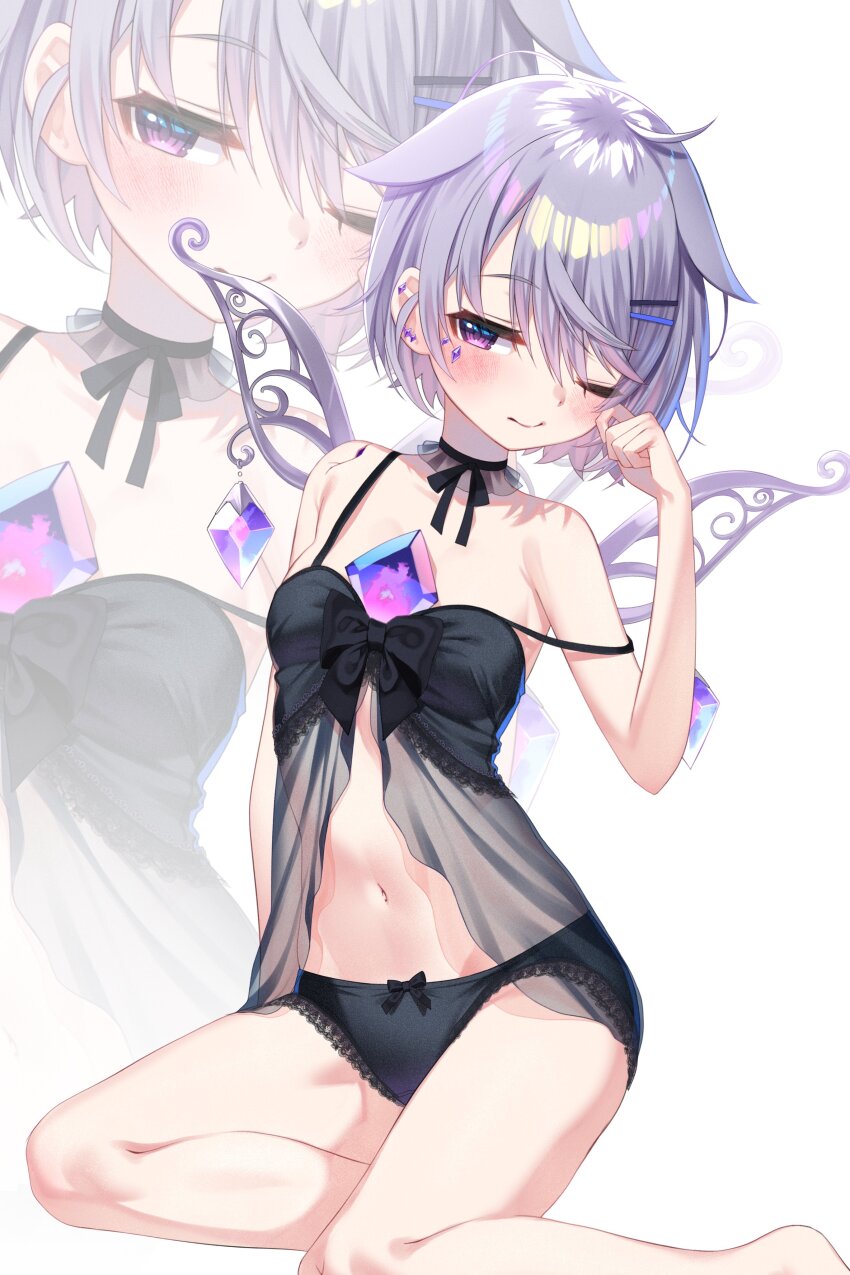 1girl absurdres alternate_costume babydoll black_babydoll black_panties black_ribbon breasts chest_jewel grey_hair highres hololive hololive_english jewel_under_eye koseki_bijou lightenbee metal_wings navel neck_ribbon one_eye_closed panties purple_eyes ribbon short_hair small_breasts solo strap_slip underwear virtual_youtuber zoom_layer