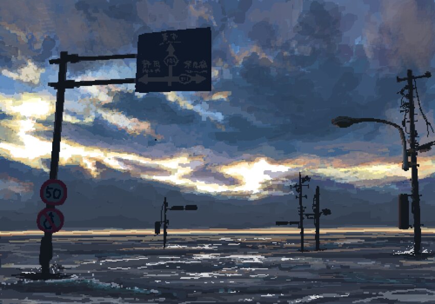 broken_cable cloud cloudy_sky flood glowing highres hisachan55cute horizon lamppost no_humans original pixel_art power_lines reflection reflective_water road_sign scenery sign simple_background sky sunrise utility_pole