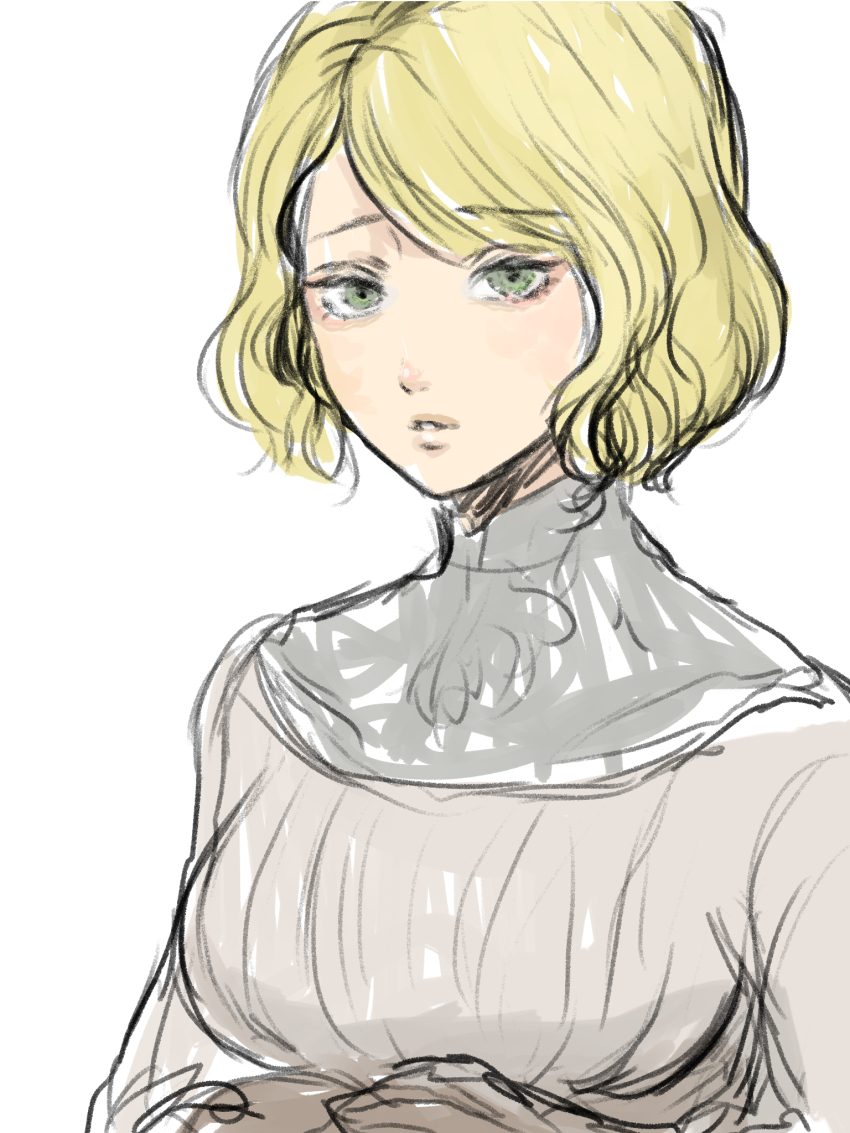1girl blonde_hair breasts elden_ring green_eyes highres large_breasts roderika_(elden_ring) short_hair solo upper_body white_background yamanobori