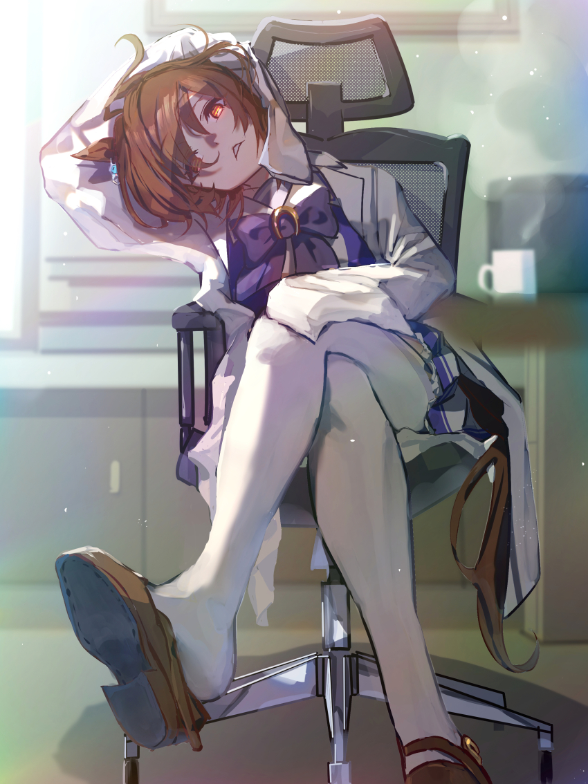 1girl absurdres agnes_tachyon_(umamusume) animal_ears arm_up blurry blurry_background bow bowtie brown_hair brown_shoes chair coat crossed_legs flower hair_flower hair_ornament head_tilt highres horse_ears horse_girl horse_tail lab_coat looking_at_viewer no_uwazumi on_chair pleated_skirt purple_bow purple_bowtie red_eyes school_uniform shoes short_hair sitting skirt sleeves_past_fingers sleeves_past_wrists solo swivel_chair tail thighhighs tracen_school_uniform umamusume white_coat white_thighhighs
