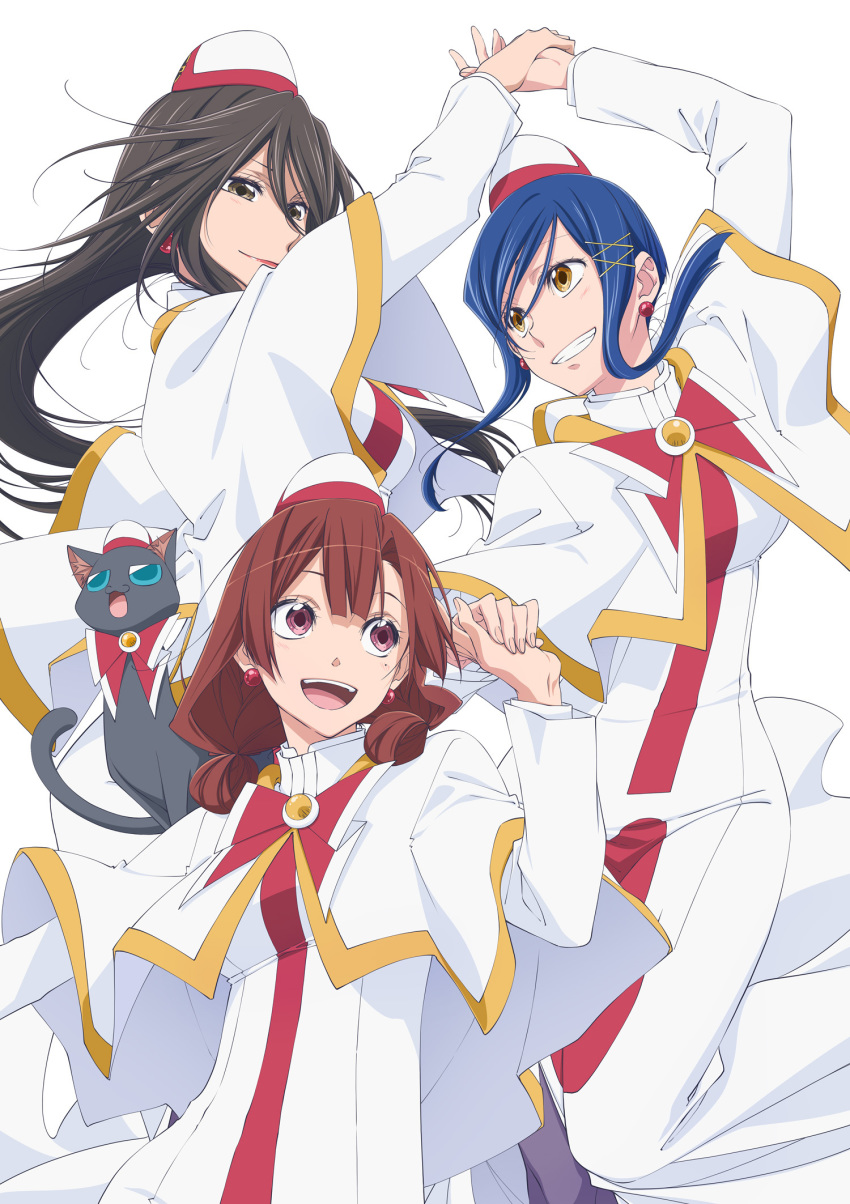 3girls :d aika_granzchesta akira_ferrari animal animal_on_shoulder aria_(manga) aria_the_avvenire azusa_mclaren blue_hair brown_eyes brown_hair capelet cat cat_on_shoulder dress earrings floating_hair grin hair_ornament hat highres hime_granzchesta himeya_company_uniform holding_hands jewelry long_dress long_hair long_sleeves mini_hat multiple_girls open_mouth red_eyes short_hair_with_long_locks sidelocks smile very_long_hair white_capelet white_dress white_headwear x_hair_ornament yellow_eyes