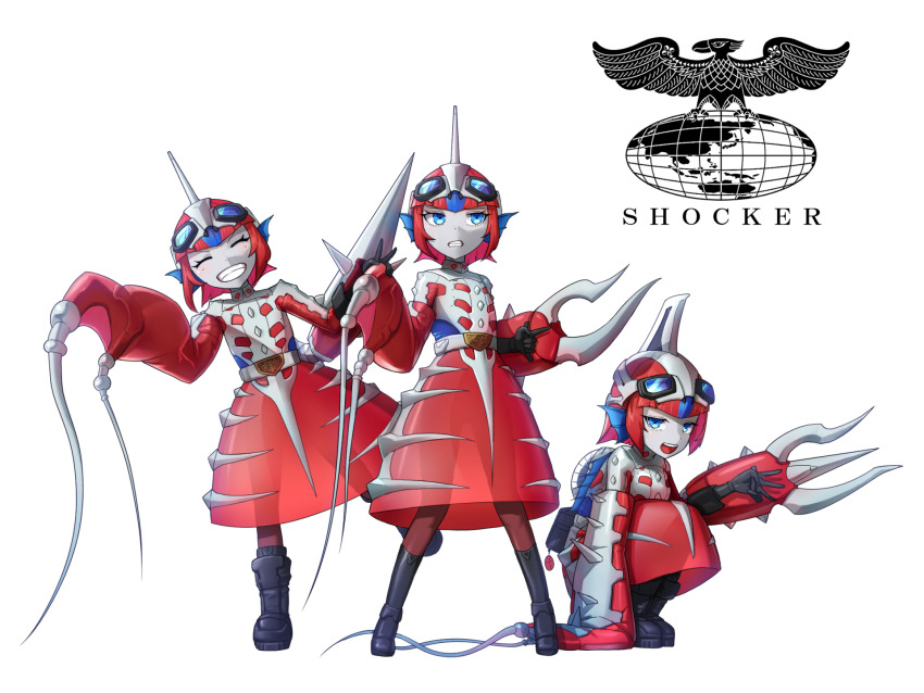 3girls arm_mounted_weapon belt belt_buckle black_footwear black_gloves blue_eyes blue_hair boots buckle child colored_skin commentary cyborg eidenjyou1997 english_commentary fins genderswap genderswap_(mtf) gloves goggles goggles_on_head grey_belt grey_skin head_fins highres kamen_rider kamen_rider_(1st_series) logo monster_girl multicolored_hair multiple_girls open_mouth red_hair sea_dragon_i sea_dragon_ii sea_dragon_iii seahorse_girl see-through_clothes see-through_skirt shocker_(kamen_rider) simple_background skirt smile teeth upper_teeth_only white_background
