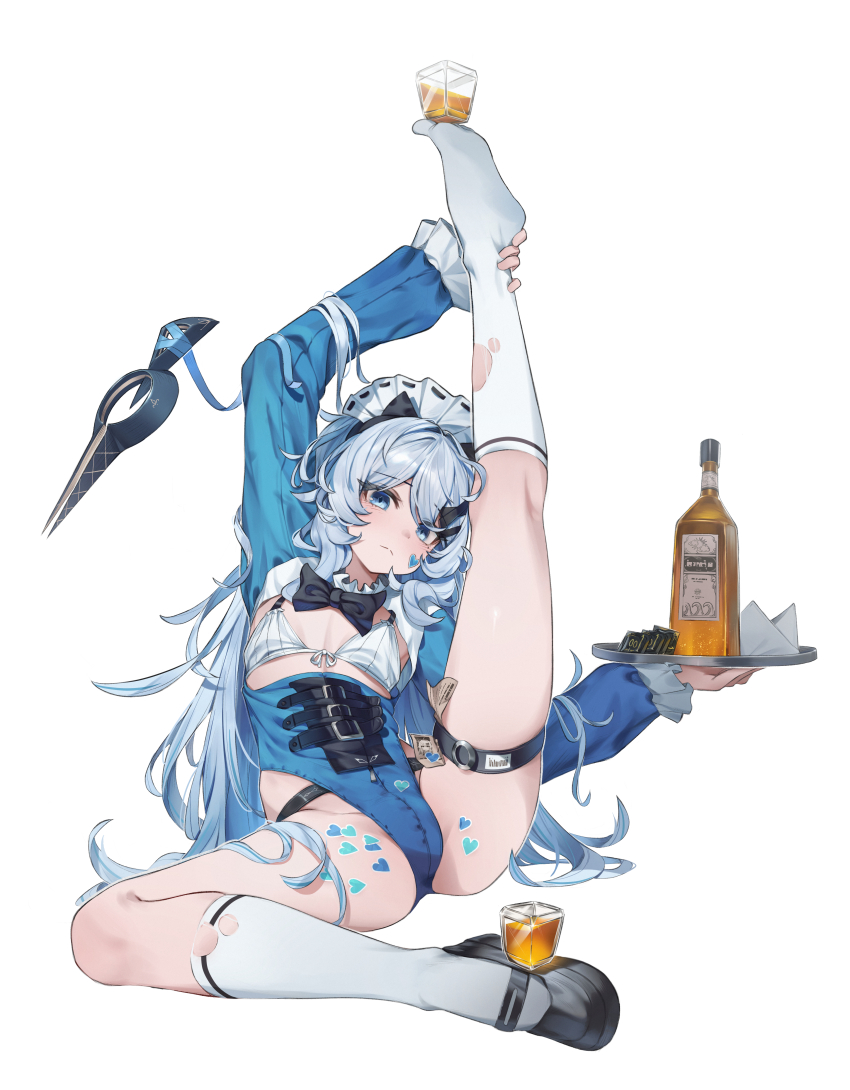 1girl absurdres ahisha_(di_le_to) arm_up ass bikini black_shoes blue_eyes blue_hair blue_leotard bottle bow bowtie breasts closed_mouth colored_inner_hair cup di_le_to drinking_glass expressionless front-tie_bikini_top front-tie_top headdress highleg highleg_leotard highres kneehighs leg_lift leg_up leotard long_hair long_sleeves looking_at_viewer mary_janes money multicolored_hair original shoes shot_glass sitting small_breasts socks solo spread_legs string_bikini swimsuit thigh_strap thighhighs thighs torn_clothes torn_socks torn_thighhighs tray tucked_money very_long_hair white_bikini white_hair white_thighhighs zipper_pull_tab