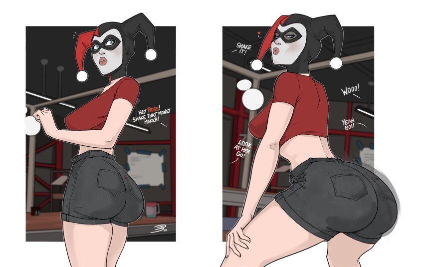 1girl alternate_costume batman_(series) black_hat black_mask black_shorts blue_eyes breasts dbtheweirdo dc_comics domino_mask english_text facepaint harley_quinn hat highres jester_cap large_breasts mask midriff multiple_views red_hat red_shirt shirt short_shorts short_sleeves shorts solo two-tone_hat
