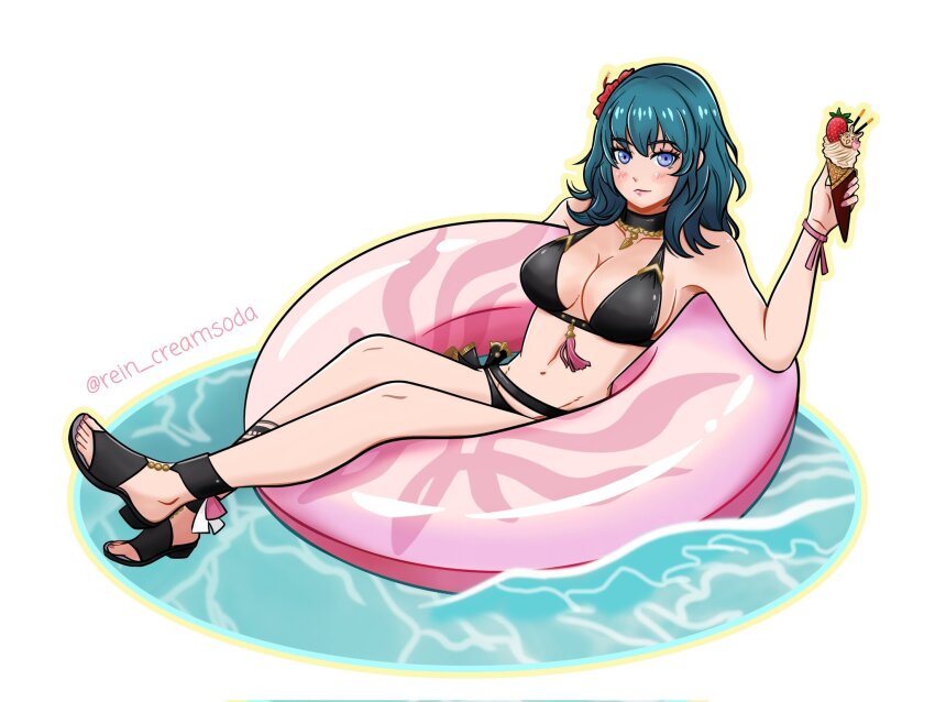 1girl bikini black_bikini blue_eyes blue_hair breasts commentary female_byleth_(fire_emblem) female_byleth_(summer)_(fire_emblem) fire_emblem fire_emblem:_three_houses floating flower food full_body hair_flower hair_ornament halterneck high_heel_sandals highres holding holding_food holding_ice_cream ice_cream navel nintendo on_innertube red_flower rein_creamsoda sandals solo swimsuit water