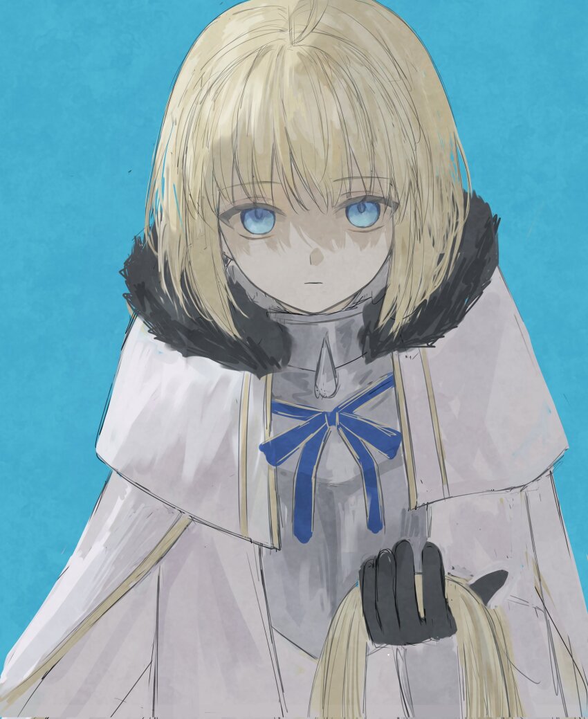 1girl aesc_(fate) aesc_(savior)_(fate) black_gloves blonde_hair blue_eyes fate/grand_order fate_(series) fur_trim gloves hair_between_eyes highres long_hair looking_at_viewer rurubusandayo solo spikes