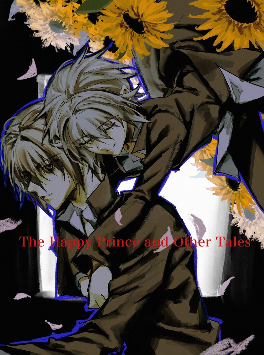 2boys black_background black_jacket black_pants brown_eyes brown_hair closed_eyes closed_mouth collared_shirt dark english_text falling_petals floating floating_hair flower gakuran hair_between_eyes highres hug hug_from_behind jacket kusanagi_naoya light_smile looking_at_viewer multiple_boys natsume_kei_(sakura_no_uta) pants petals pink_petals sakura_no_uta school_uniform shikabane_love shirt short_hair straight_hair sunflower white_hair white_shirt