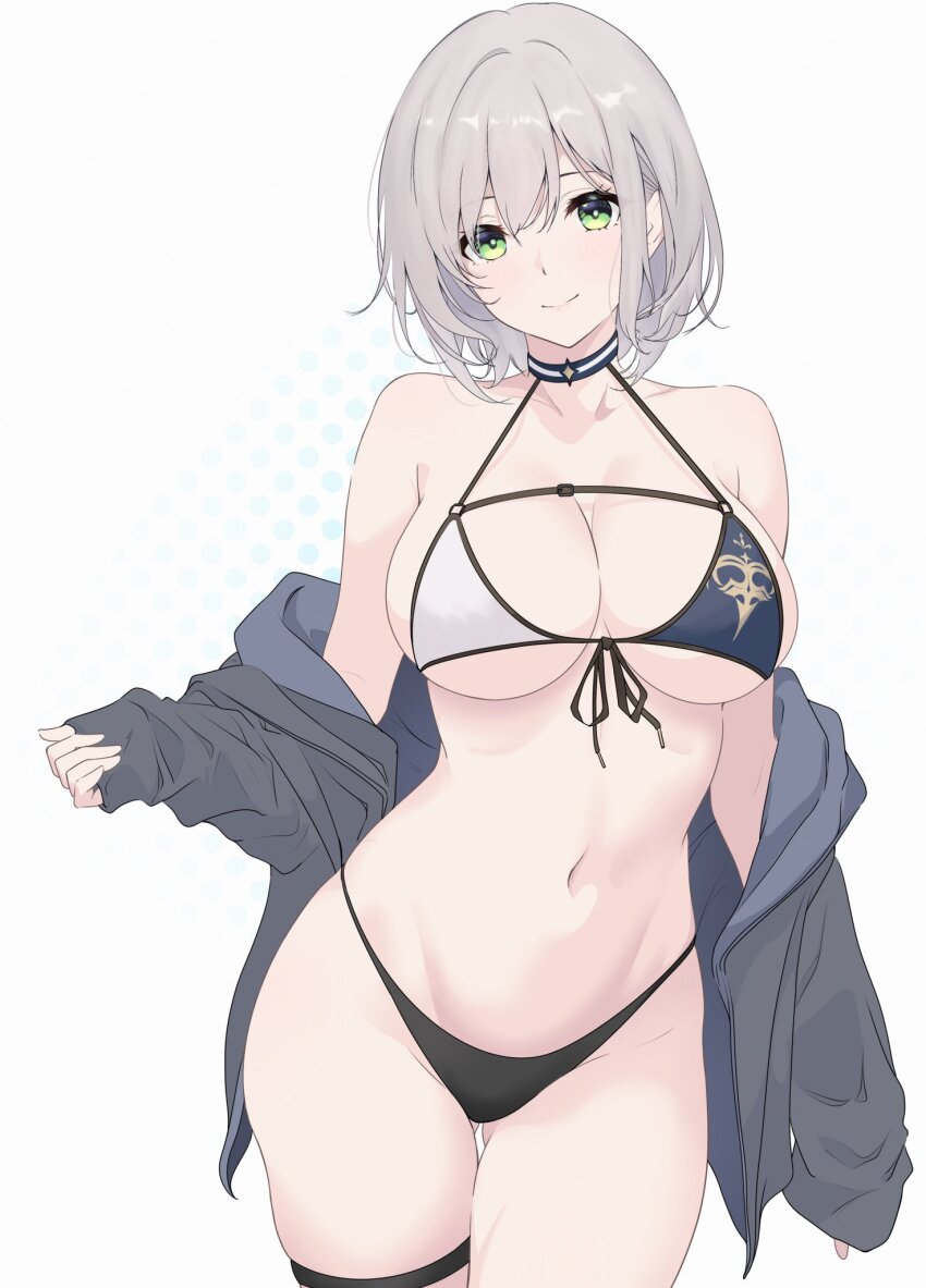 1girl bikini black_jacket blue_choker breasts choker closed_mouth collarbone cowboy_shot gluteal_fold green_eyes grey_hair highres hololive jacket large_breasts mismatched_bikini navel off_shoulder riu_play shirogane_noel shirogane_noel_(summer_2020) short_hair simple_background smile solo stomach swimsuit thigh_strap thighs virtual_youtuber white_background