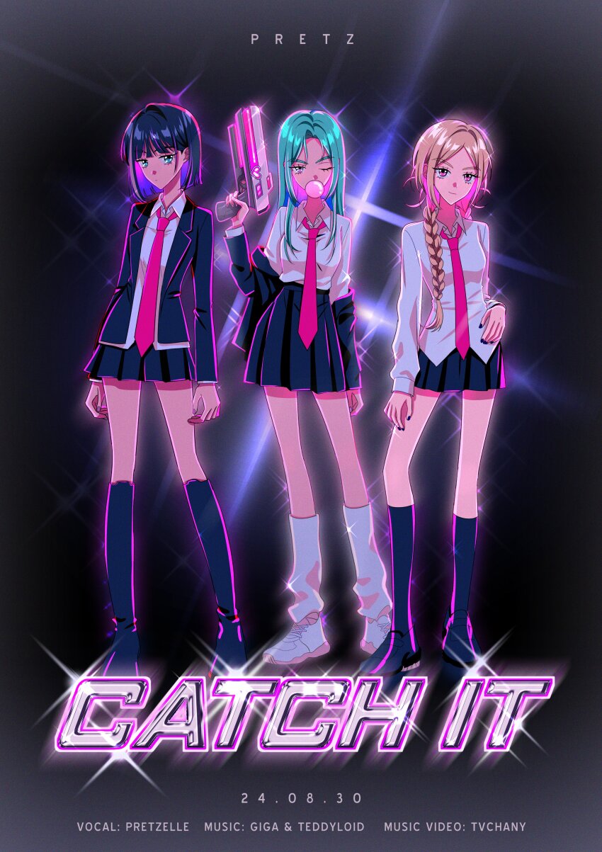 2024 3girls absurdres album_cover anime_coloring arms_at_sides black_background black_collar black_footwear black_hair black_nails black_skirt black_sleeves black_socks black_suit blonde_hair bloom blunt_bangs blunt_ends bob_cut braid chewing_gum closed_mouth collar collared_shirt collared_suit colored_inner_hair commentary cover credits dot_nose english_text eyelashes facing_viewer film_grain formal_clothes full_body gradient_hair green_eyes green_hair gun hair_between_eyes hair_intakes hair_over_shoulder hand_on_own_hip hand_on_own_leg hands_on_own_face highres holding holding_gun holding_weapon lapels legs_apart long_hair looking_at_viewer loose_hair_strand low-braided_long_hair low-tied_long_hair miniskirt motion_blur multicolored_eyes multicolored_hair multiple_girls myon_(tokipi) necktie notched_lapels official_art open_clothes open_suit parted_bangs parted_hair pretzelle purple_eyes purple_hair purple_nails red_necktie school_uniform shirt shirt_tucked_in sidelocks single_braid single_hair_streak skirt socks sparkle sparkling_eyes standing straight_hair suit symbol-only_commentary thick_eyebrows two-tone_eyes two-tone_hair undershirt weapon white_collar white_footwear white_shirt white_sleeve_cuffs white_sleeves white_socks white_undershirt wing_collar