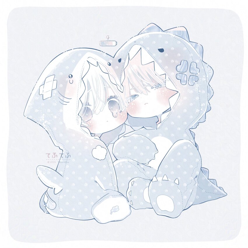 2boys anger_vein animal_costume battery blush border closed_mouth dinosaur_costume eyelashes full_body gauze hair_between_eyes highres hood hood_up looking_at_viewer male_focus monochrome multiple_boys original shark_costume short_hair sitting square sulking tail tears thk_41