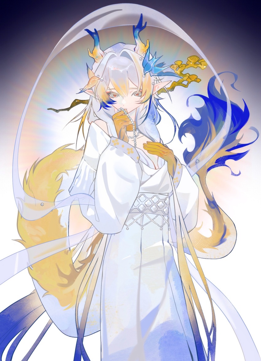 1girl absurdres ambience_synesthesia arknights aura baixiaochimu blonde_hair blue_hair chinese_commentary colored_extremities commentary_request dragon_girl dragon_horns dragon_tail dress feet_out_of_frame grey_eyes grey_hair grey_shawl hagoromo hair_between_eyes hair_intakes highres holding horns jewelry lens_flare long_hair long_sleeves multicolored_hair necklace official_alternate_costume pearl_necklace pointy_ears shawl shu_(arknights) solo standing tail very_long_hair white_dress