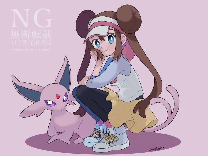 1girl absurdres black_pantyhose blue_eyes blush breasts brown_hair closed_mouth creatures_(company) donut_hair_bun double_bun espeon game_freak gen_2_pokemon hair_bun hat highres long_hair looking_at_viewer nintendo pantyhose pantyhose_under_shorts pokemon pokemon_(creature) pokemon_bw2 raglan_sleeves rosa_(pokemon) sandora_(karugamo_no_e) shirt shorts smile solo twintails visor_cap yellow_shorts