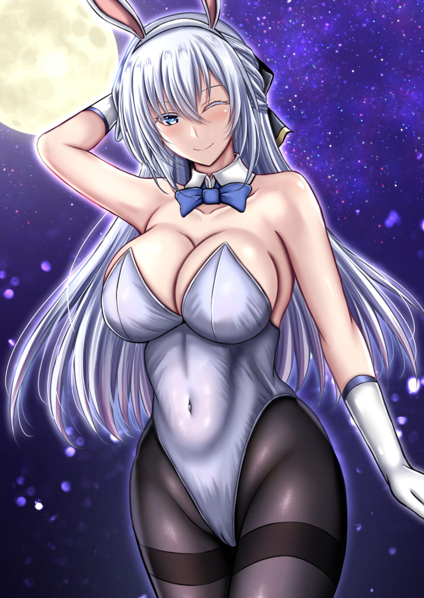 1girl animal_ears arm_behind_head blue_eyes bow bowtie breasts covered_navel detached_collar eiyuu_densetsu fake_animal_ears falcom floating_hair full_moon gloves hair_bow half_updo highleg highleg_leotard highres kanna_(minamozuki) kuro_no_kiseki_(series) large_breasts leotard long_hair looking_at_viewer moon night night_sky one_eye_closed playboy_bunny rabbit_ears shizuna_rem_misurugi sideboob sky smile solo star_(sky) starry_sky strapless strapless_leotard white_gloves white_leotard
