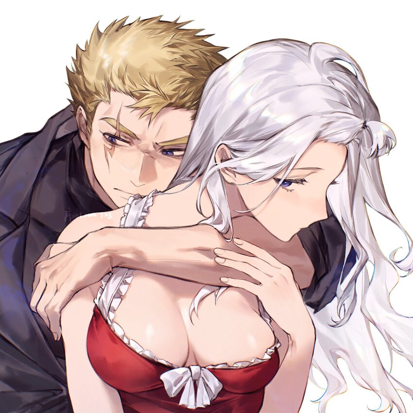 1boy 1girl blonde_hair blue_eyes breasts cleavage closed_mouth dress fairy_tail hair_behind_ear highres hug hug_from_behind laxus_dreyar long_hair looking_at_viewer looking_to_the_side mirajane_strauss red_dress scar scar_on_face short_hair signature upper_body white_hair xuchuan