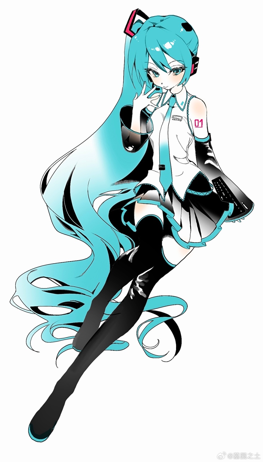 1girl absurdly_long_hair alternate_costume aqua_eyes aqua_hair aqua_necktie arm_at_side artist_name black_boots black_skirt black_sleeves boots chinese_commentary closed_mouth collared_shirt colored_shoe_soles commentary_request detached_sleeves double-parted_bangs full_body hand_up hatsune_miku hatsune_miku_(noodle_stopper) headphones highres invisible_chair long_hair long_sleeves looking_at_viewer meme miniskirt necktie pleated_skirt shirt side_ponytail sidetail_miku_noodle_stopper_(meme) simple_background sitting skirt sleeveless sleeveless_shirt smile solo spread_fingers thigh_boots thighhighs tie_clip tuko very_long_hair vocaloid watermark weibo_watermark white_background white_shirt zettai_ryouiki