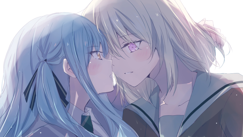 2girls bang_dream! bang_dream!_it&#039;s_mygo!!!!! black_ribbon blonde_hair blue_hair blush brown_dress collared_shirt commentary_request dress eye_contact hair_ribbon hanasakigawa_school_uniform hand_in_another&#039;s_hair haneoka_school_uniform highres light_particles long_hair looking_at_another medium_hair misumi_uika multiple_girls parted_lips purple_eyes ribbon sailor_collar school_uniform shirt simple_background togawa_sakiko two_side_up white_background white_sailor_collar white_shirt xuan yellow_eyes yuri