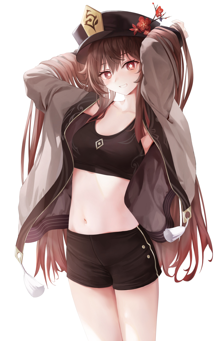 1girl absurdres arms_behind_head arms_up black_hat blush breasts brown_hair commentary flower flower-shaped_pupils genshin_impact grin hat hat_flower highres hu_tao_(genshin_impact) long_hair medium_breasts navel plum_blossoms rable red_eyes smile solo sports_bra standing symbol-shaped_pupils twintails