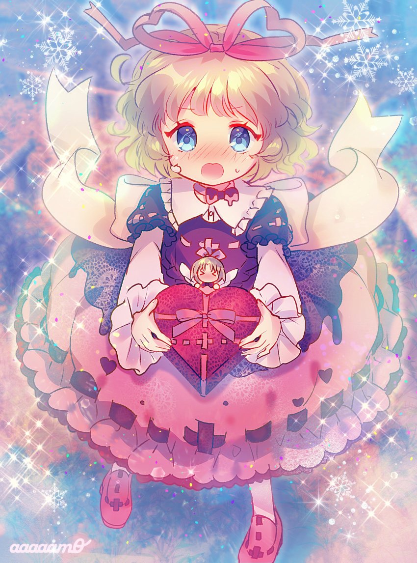 &gt;_&lt; 1girl absurdres amo_(shibu3) artist_name blonde_hair blouse blue_eyes blush bow bowtie collar commentary_request fairy fairy_wings female_focus frilled_collar frilled_skirt frills full_body gift hair_bow hair_ribbon highres holding holding_gift juliet_sleeves layered_sleeves long_sleeves looking_at_viewer medicine_melancholy open_mouth pink_ribbon pink_shoes pink_skirt presenting puffy_sleeves red_shirt ribbon ribbon-trimmed_blouse ribbon-trimmed_skirt ribbon_trim sash shirt shoes short_hair short_over_long_sleeves short_sleeves skirt snowflakes solo solo_focus sparkle su-san touhou white_sash wings
