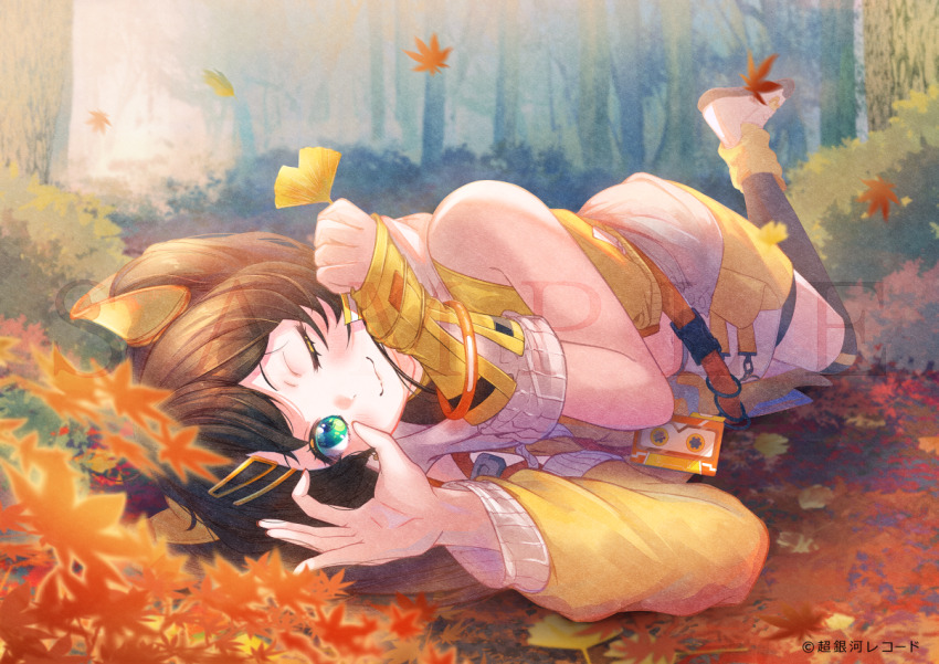 1girl autumn_leaves bare_shoulders black_shorts black_thighhighs blurry blurry_foreground brown_hair commentary_request cropped_jacket day depth_of_field detached_sleeves forest green_eyes hair_ornament hairclip hatsusegawa_misaki ittokyu jacket leaf long_sleeves lying maple_leaf meteopolis nature navel official_art on_side open_clothes open_jacket outdoors puffy_long_sleeves puffy_sleeves sample_watermark shoes shorts single_detached_sleeve sleeveless sleeveless_jacket solo thighhighs tree virtual_youtuber watermark white_shoes yellow_jacket yellow_sleeves
