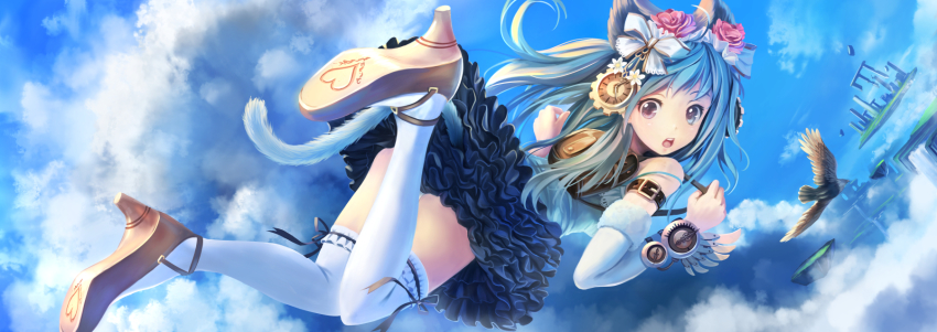 1girl animal_ears bare_shoulders bird blue_hair cat_ears cat_tail cloud dress fantasy female_focus hair_ornament hair_ribbon high_heels highres long_hair looking_back open_mouth original purple_eyes ribbon skirt sky solo soraizumi tail thighhighs two_side_up white_thighhighs