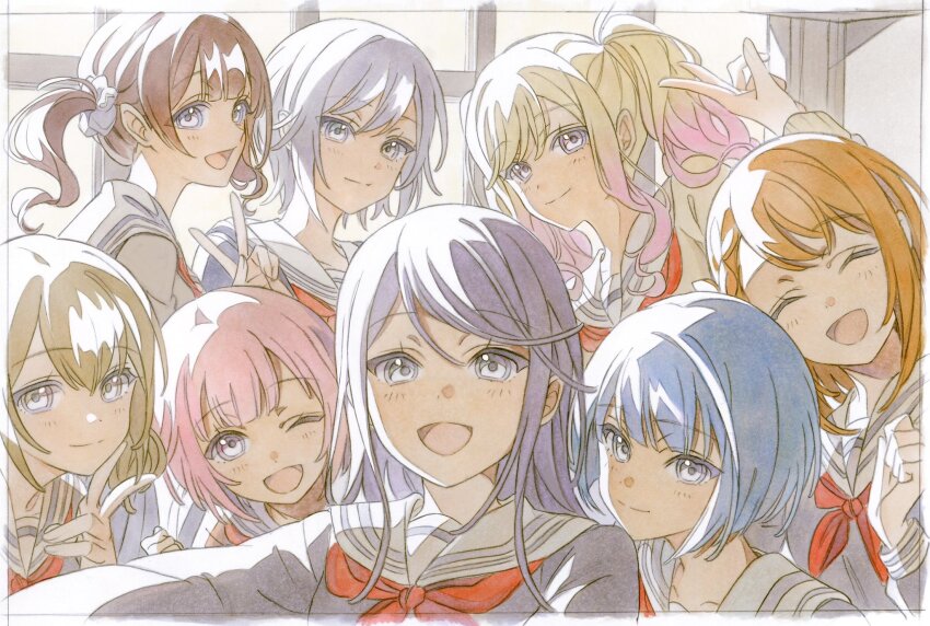 6+girls azusawa_kohane blonde_hair blue_eyes blue_hair blunt_bangs blush border brown_hair cardigan collarbone commentary gradient_hair grey_eyes grey_hair grey_shirt hanasato_minori highres hinomori_shiho hoshino_ichika_(project_sekai) kiritani_haruka leo/need_(project_sekai) long_hair medium_hair miyamasuzaka_girls&#039;_academy_school_uniform mochizuki_honami multicolored_hair multiple_girls neckerchief one_eye_closed ootori_emu open_mouth orange_hair pato_(ptro) pink_hair project_sekai red_neckerchief sailor_collar school_uniform shirt short_hair side_ponytail sidelocks smile swept_bangs tenma_saki twintails v white_border white_sailor_collar yellow_cardigan