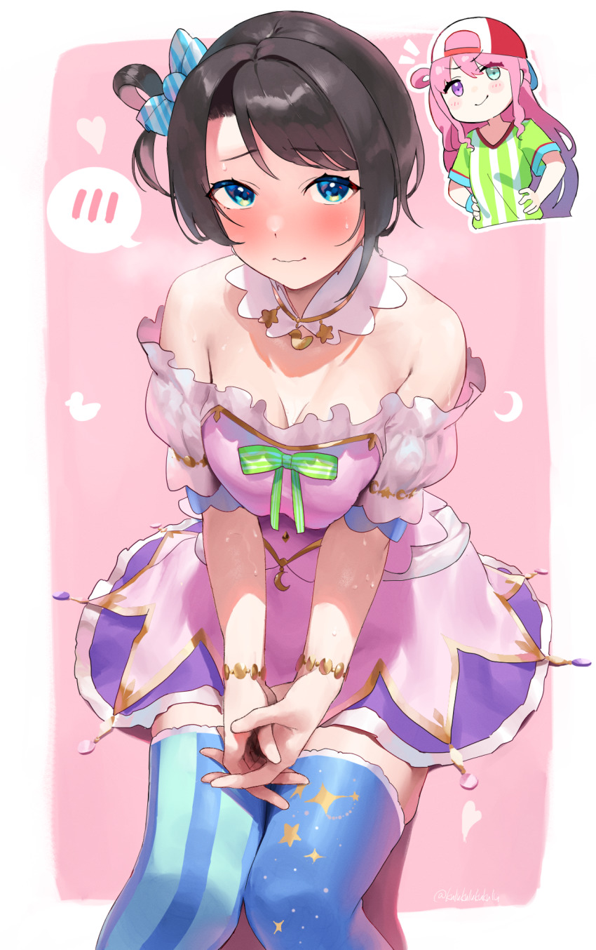 2girls aqua_eyes bare_shoulders baseball_cap black_hair blush breasts cleavage cosplay costume_switch dress embarrassed frikulu hair_rings hat heterochromia highres himemori_luna himemori_luna_(1st_costume) himemori_luna_(cosplay) hololive long_hair medium_breasts multiple_girls oozora_subaru oozora_subaru_(cosplay) pink_hair purple_eyes shirt short_hair single_hair_ring sitting solo_focus striped_clothes striped_shirt sweat t-shirt thighhighs vertical-striped_clothes vertical-striped_shirt virtual_youtuber zettai_ryouiki